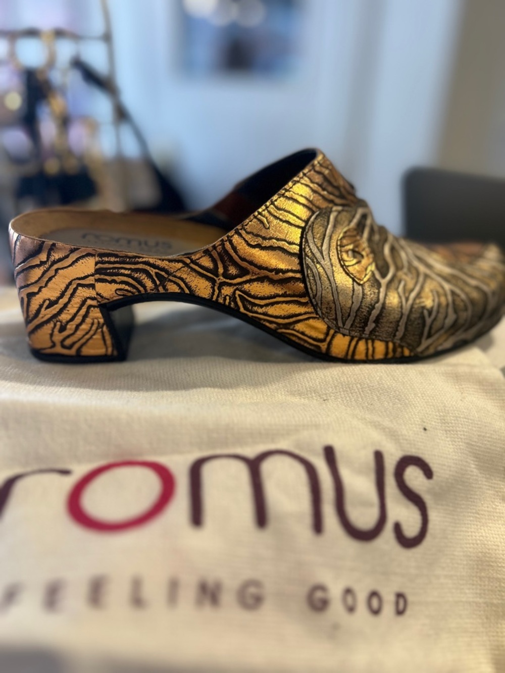 Bronze/Gold with Subtle Black Stripes Metallic Patterned Leather  Mule Heel